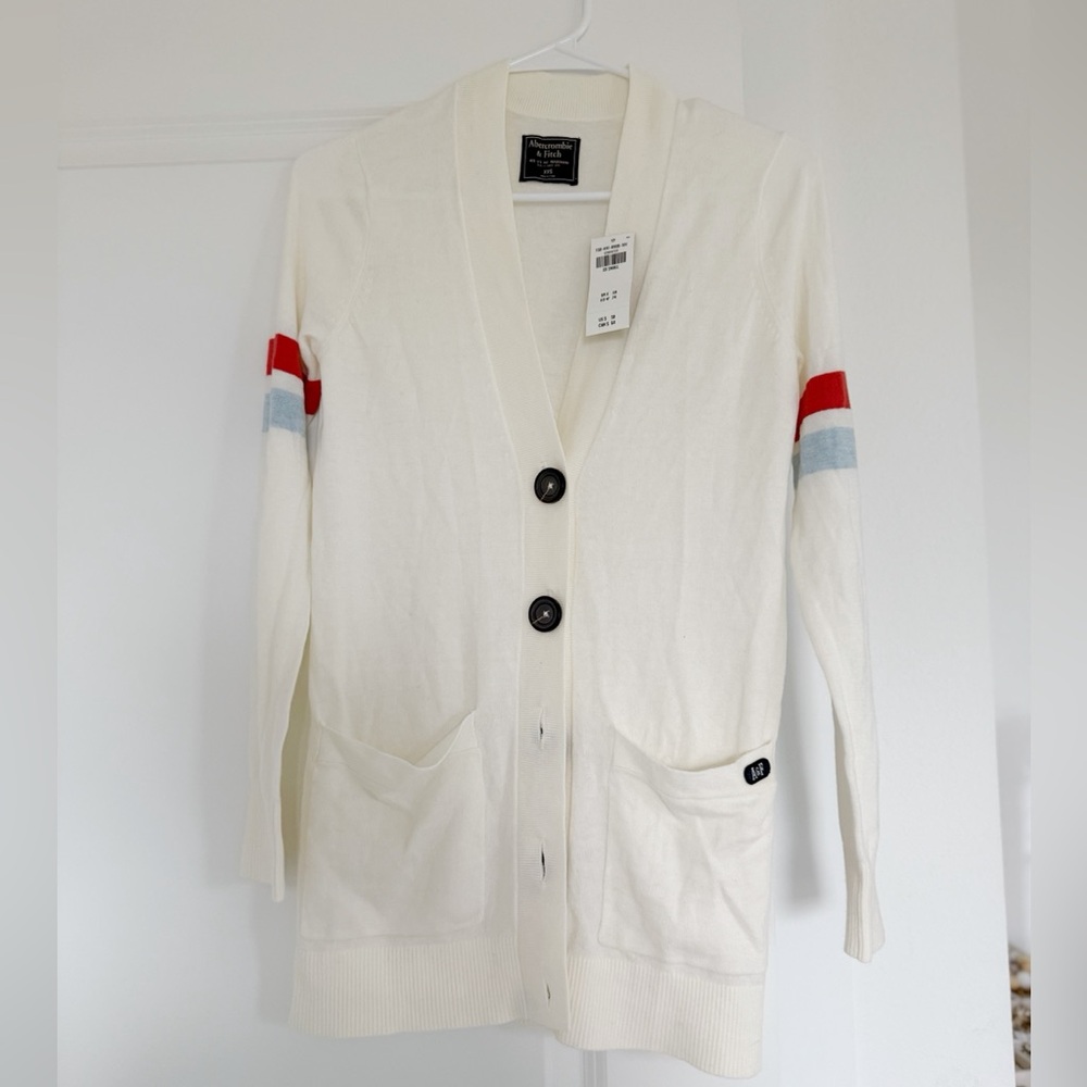 Abercrombie & Fitch Cream Cardigan with Red and Gray Stripes